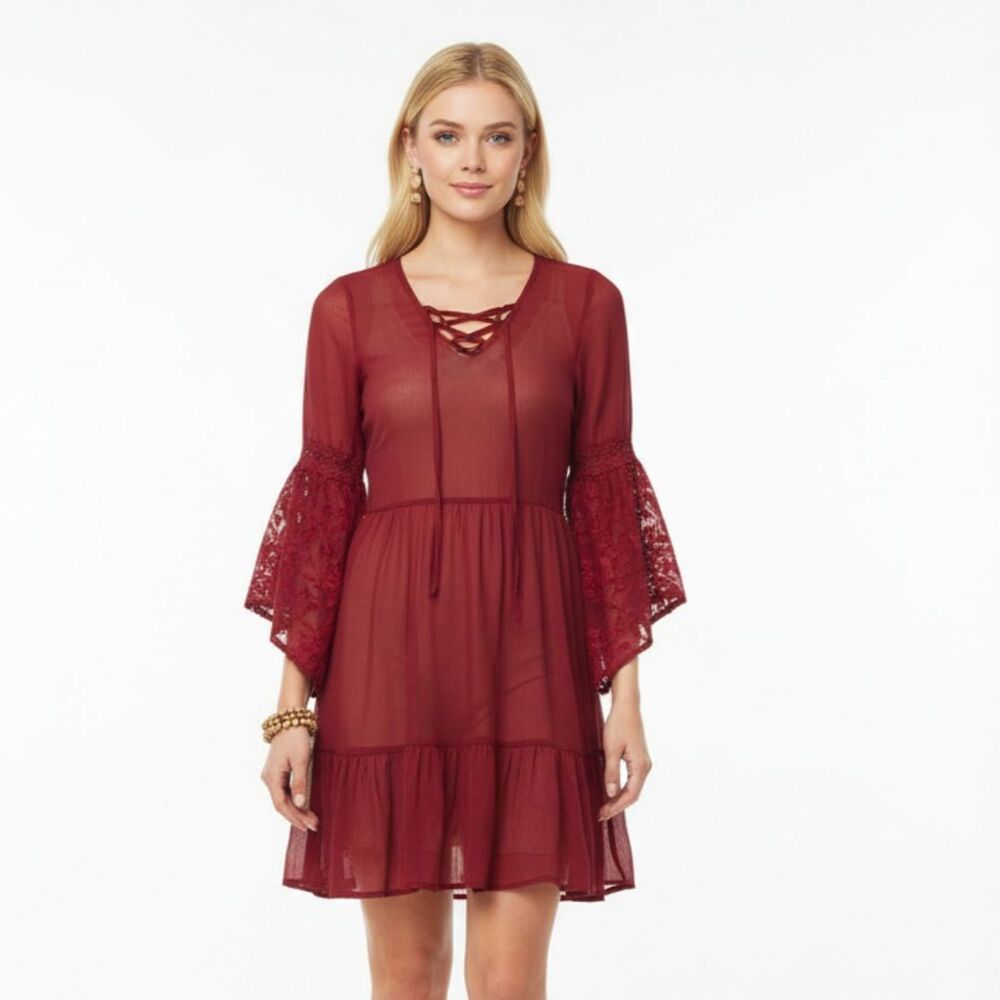 Band Of Gypsies Red 3/4 Poet Sleeve Sheer‎ Tie Bodice Mini Dress XS